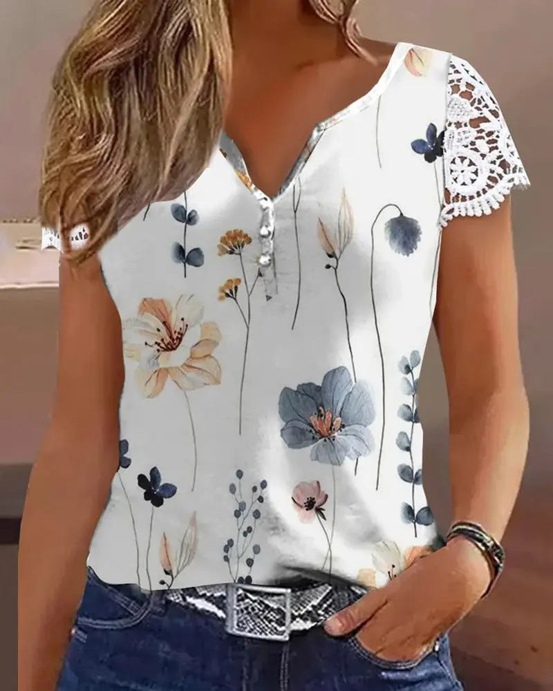 Norma | Women's Short Sleeve Lace Floral Blouse in White