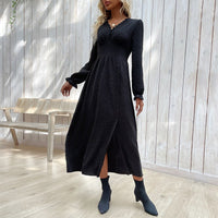 Obdulia | Women's V-Neck Slit Elegant Maxi Dress in Black