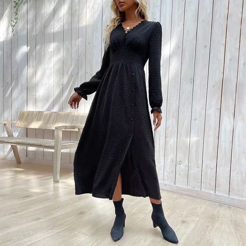 Obdulia | Women's V-Neck Slit Elegant Maxi Dress in Black