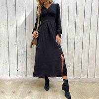 Obdulia | Women's V-Neck Slit Elegant Maxi Dress in Black