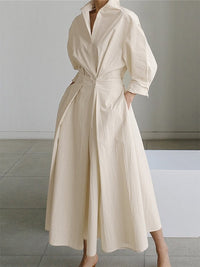 Oceania | Women's Collared Long Sleeve Midi Dress in Beige