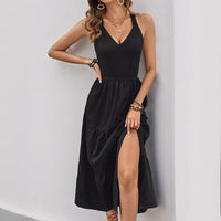 Octaviana | Women's V-Neck Slit Elegant Maxi Dress in Black