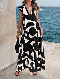 Odalys | Women's V-Neck Black Maxi Sundress in Black & White