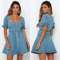 Odile | Women's Waist Belt Puff Sleeve Belted Dress in Blue