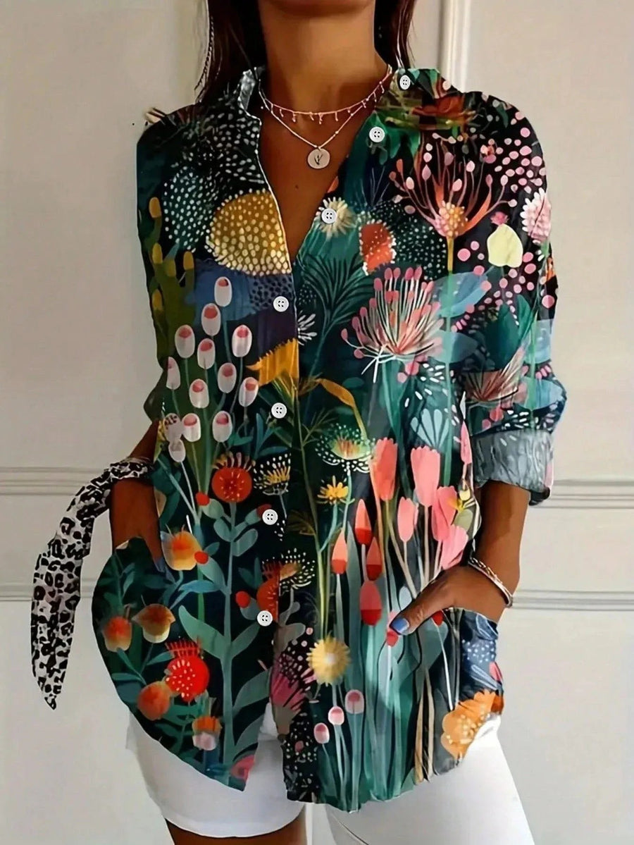 Olive | Women's Abstract Print Button Front Blouse in Green