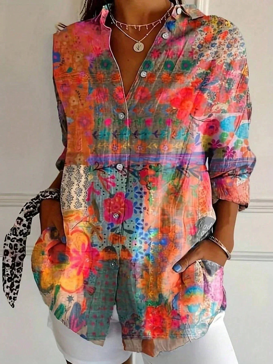 Olive | Women's Abstract Print Button Front Blouse in Orange