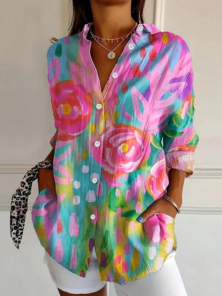 Olive | Women's Abstract Print Button Front Blouse in Pink