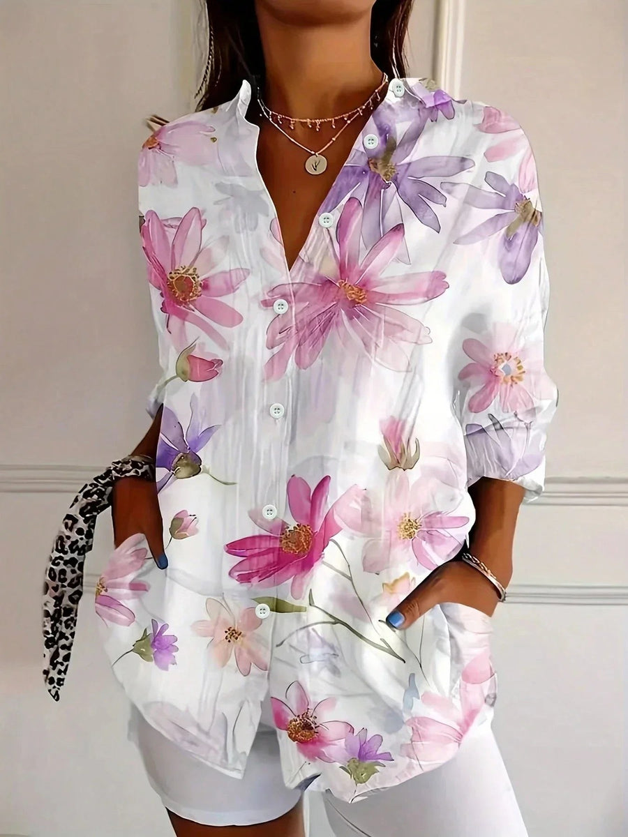 Olive | Women's Abstract Print Button Front Blouse in White