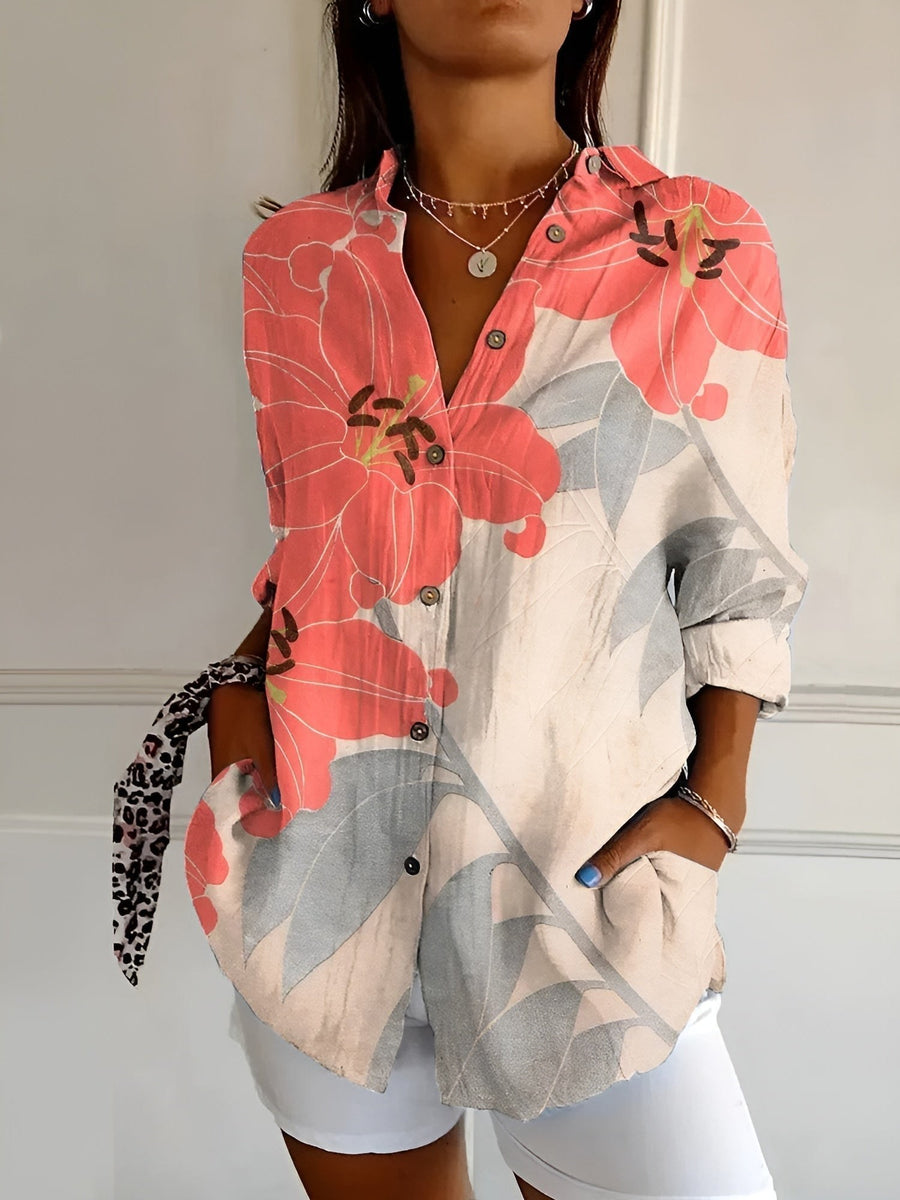 Olivette | Women's Abstract Print Split Neck Blouse in Orange