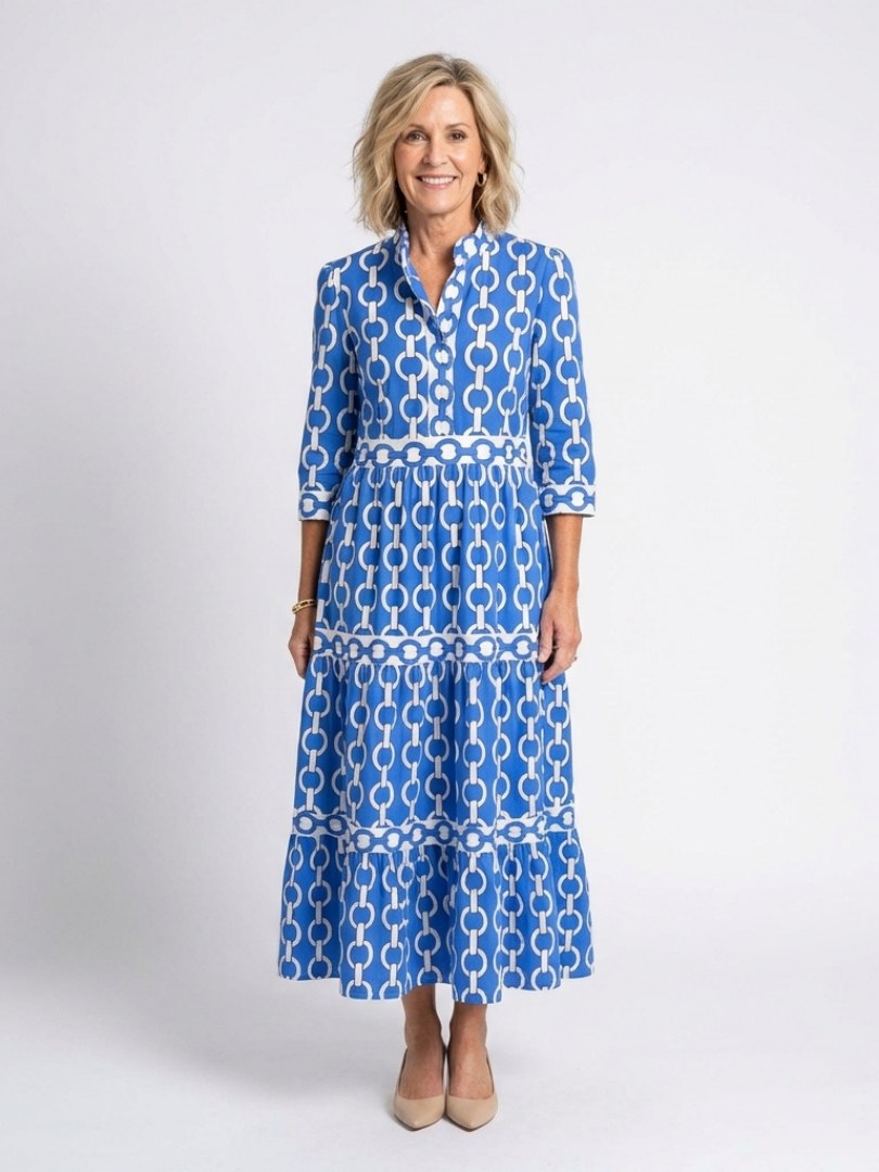 Olwen | Women's 3/4 Sleeve Midi Sundress in Blue