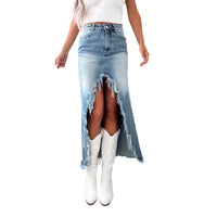 Olympia | Women's Asymmetric Fringe Slit Jeans in Blue