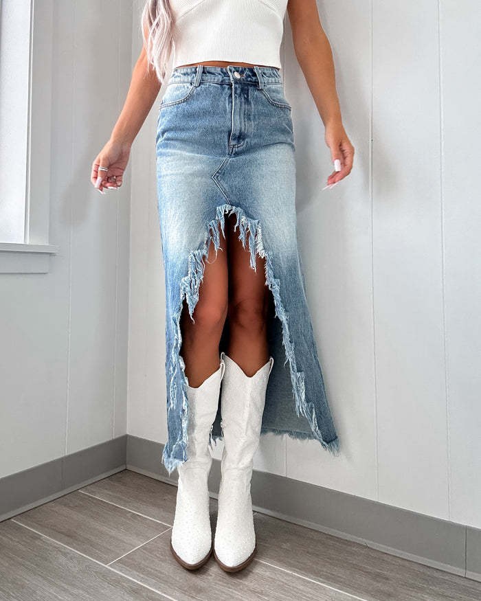 Olympia | Women's Asymmetric Fringe Slit Jeans in Blue