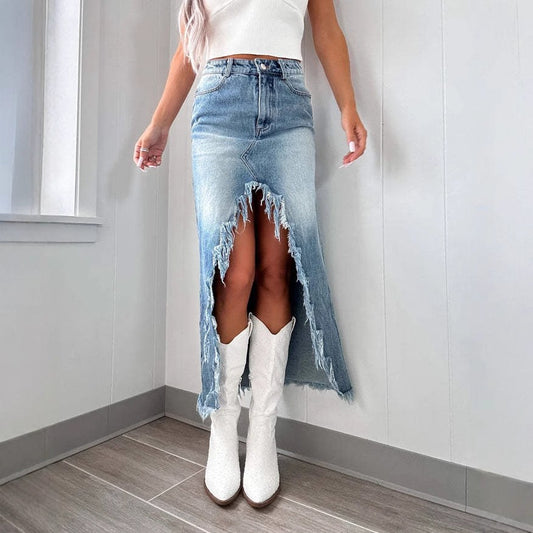 Olympia | Women's Asymmetric Fringe Slit Jeans in Blue
