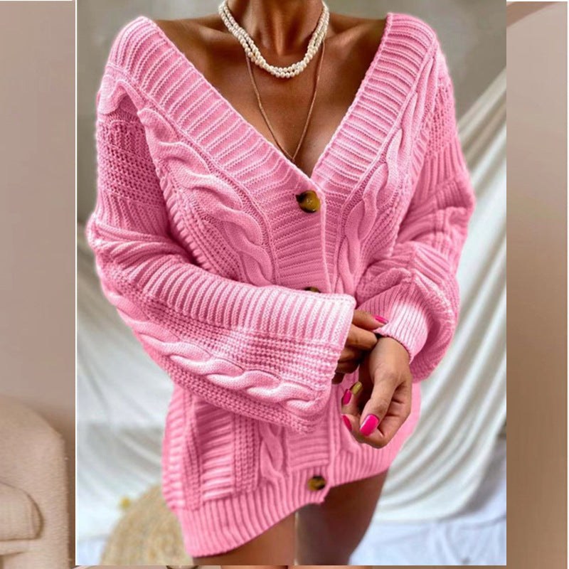 Olympia | Women's Button Detail V-Neck Knit Cardigan in Peach Red