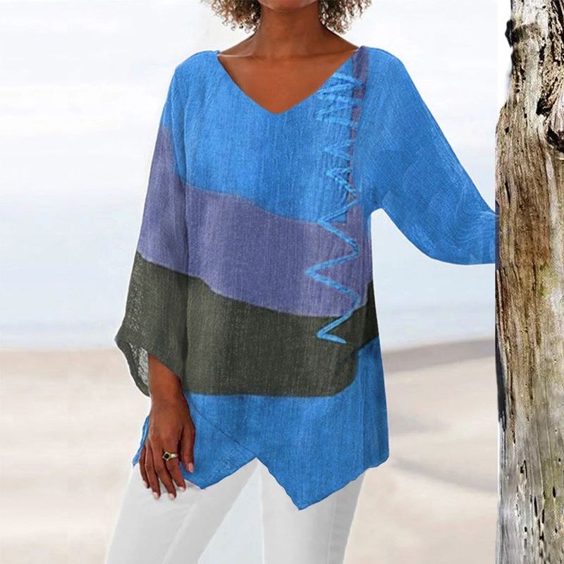Olympia | Women's Block V-Neck Blouse in Blue