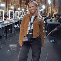 Olympia | Women's Pockets Elegant Leather Jacket in Khaki