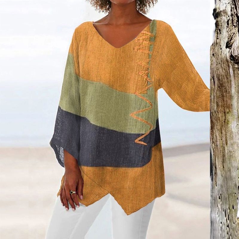 Olympia | Women's Block V-Neck Blouse in Yellow