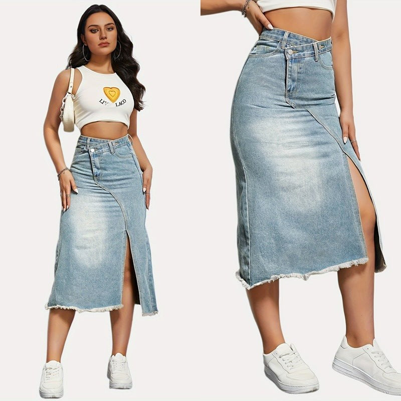 Ondine | Women's Asymmetric Slit Jeans in Light Blue