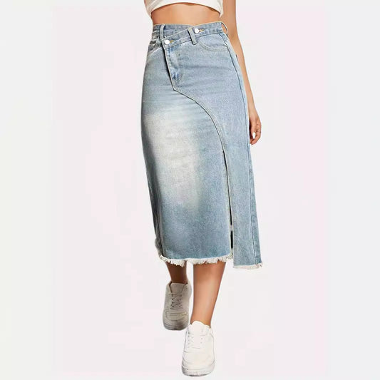 Ondine | Women's Asymmetric Slit Jeans in Light Blue