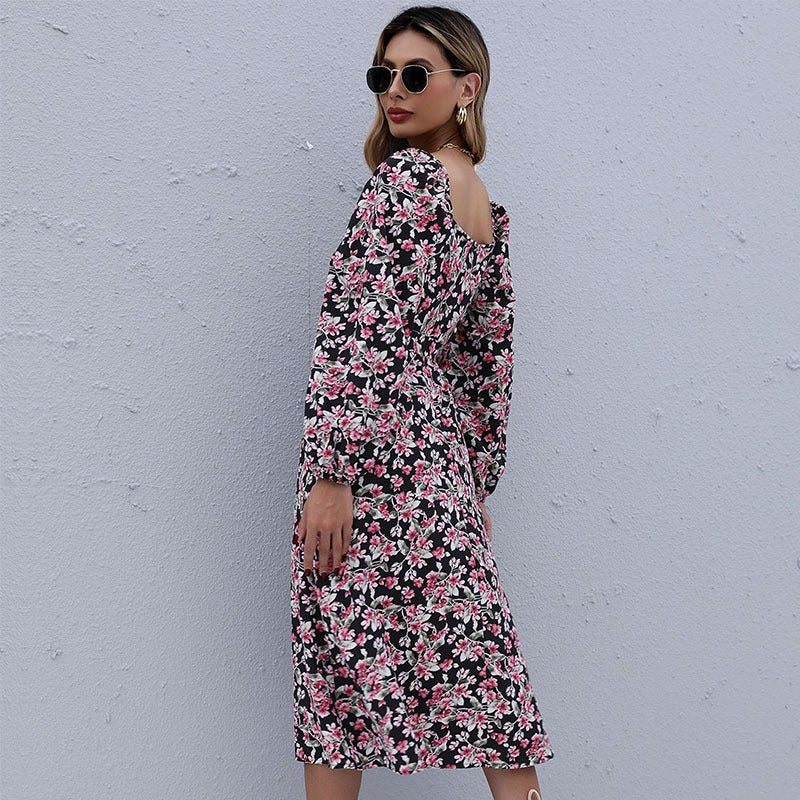 Onorata | Women's Waist Belt Ruched Belted Floral Maxi Dress in Black