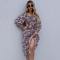 Onorata | Women's Waist Belt Ruched Belted Floral Maxi Dress in Black