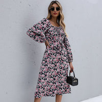Onorata | Women's Waist Belt Ruched Belted Floral Maxi Dress in Black
