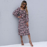 Onorata | Women's Waist Belt Ruched Belted Floral Maxi Dress in Black