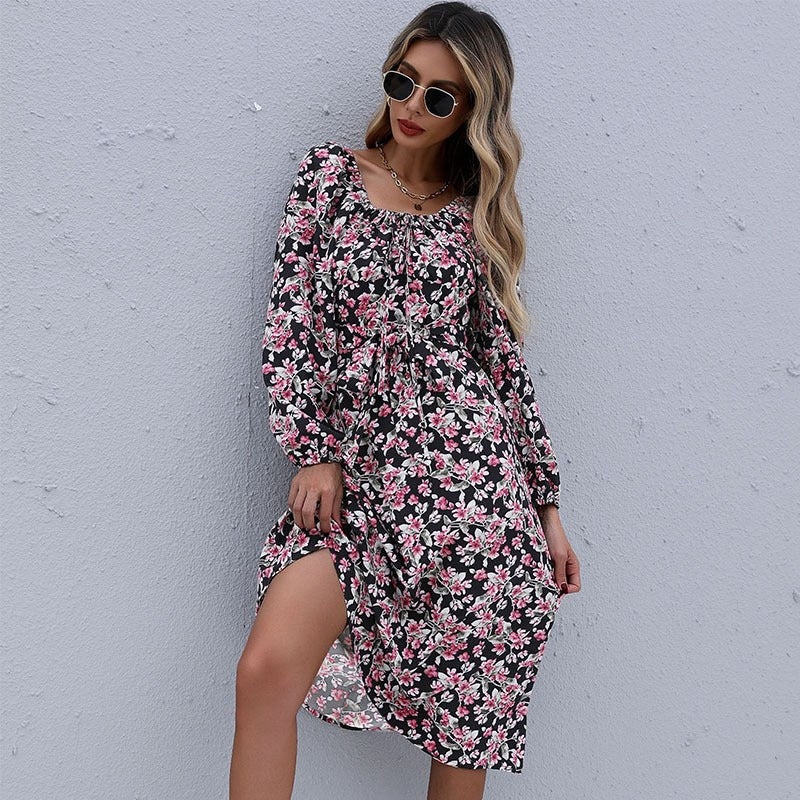 Onorata | Women's Waist Belt Ruched Belted Floral Maxi Dress in Black
