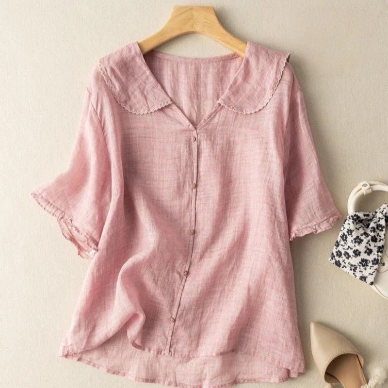 Oona | Women's Button Front Scalloped Collar Blouse in Pink