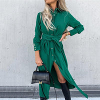 Oriana | Women's Tie Belt Slit Belted Shirt Dress in Green