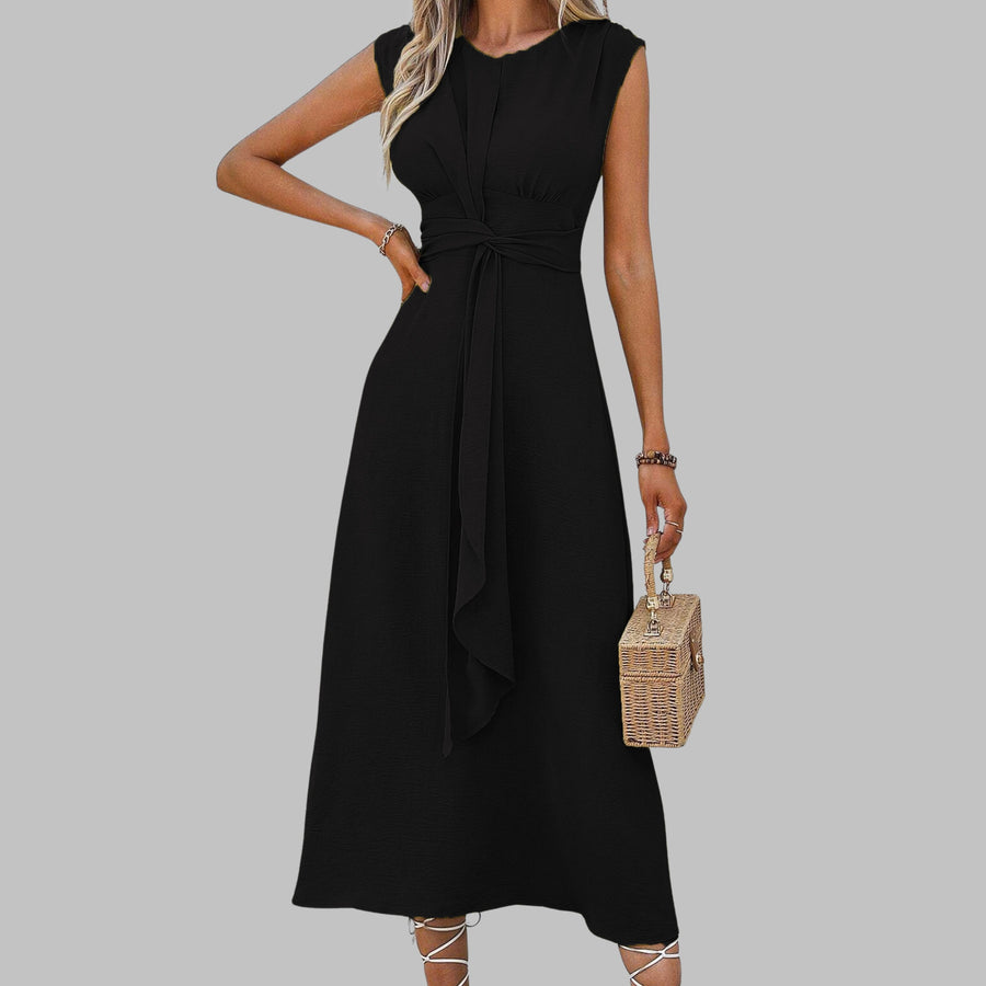 Oriel | Women's A-Line Belted Sleeveless Midi Sundress in Black
