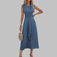 Oriel | Women's A-Line Belted Sleeveless Midi Sundress in Blue