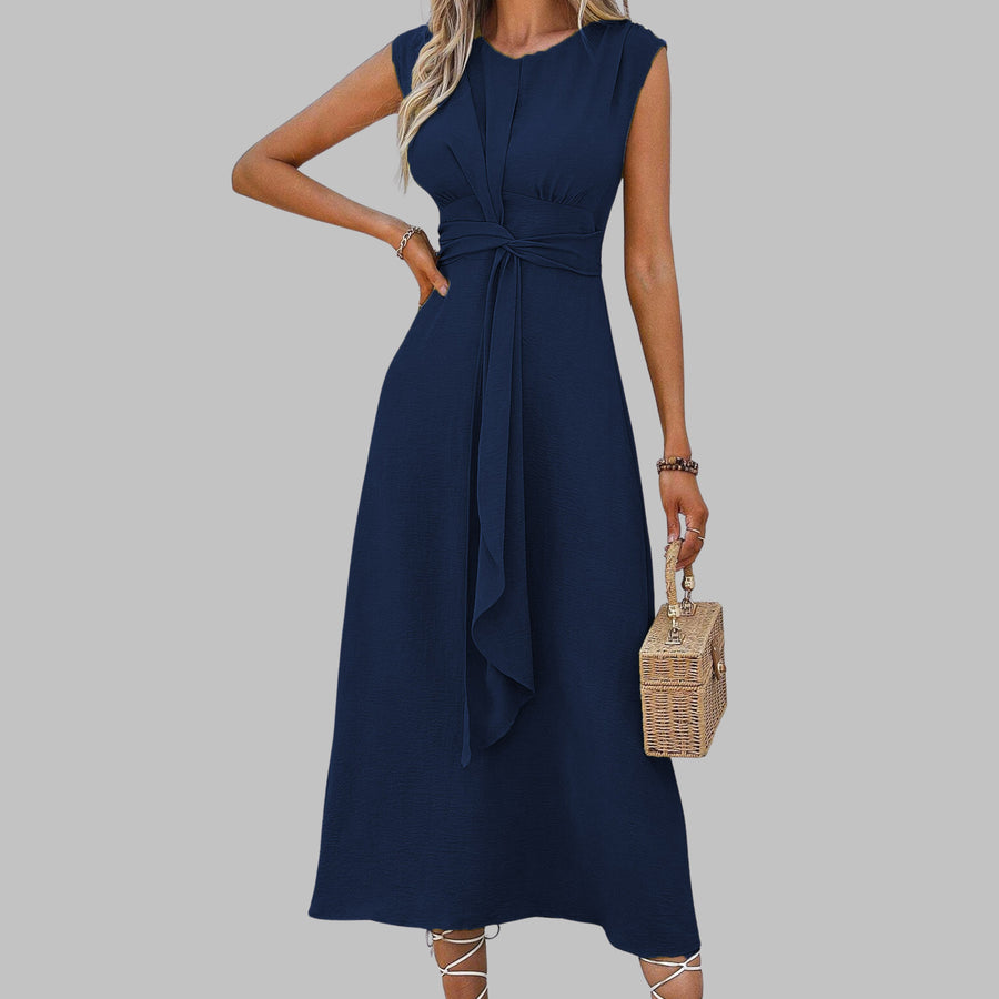 Oriel | Women's A-Line Belted Sleeveless Midi Sundress in Dark Blue
