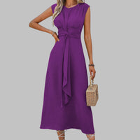 Oriel | Women's A-Line Belted Sleeveless Midi Sundress in Purple