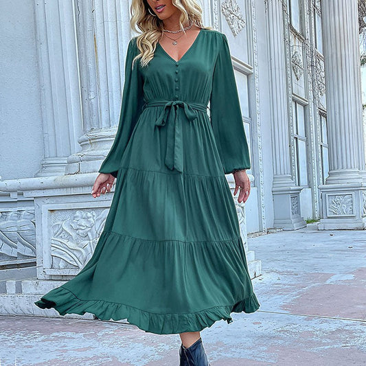 Orsolina | Women's Waist Belt Button-Front Ruffle Belted Maxi Dress