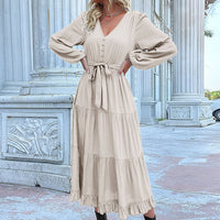 Orsolina | Women's Waist Belt Button-Front Ruffle Belted Maxi Dress in Apricot