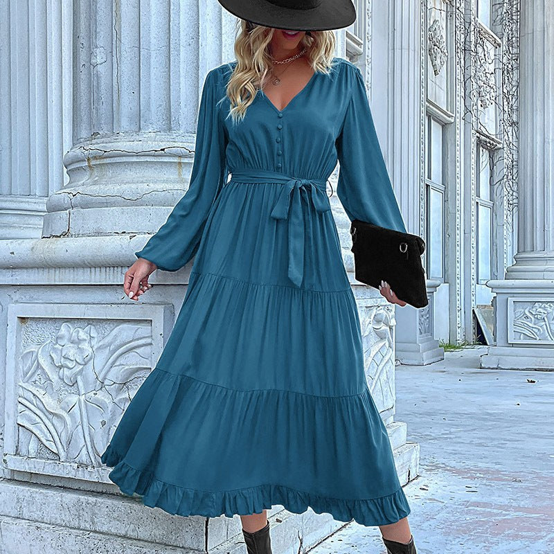 Orsolina | Women's Waist Belt Button-Front Ruffle Belted Maxi Dress in Blue