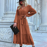 Orsolina | Women's Waist Belt Button-Front Ruffle Belted Maxi Dress in Orange