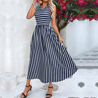 Ottilia | Women's Flowing Striped Fashionable Maxi Dress in Dark Blue