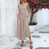 Ottilia | Women's Flowing Striped Fashionable Maxi Dress in Khaki