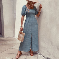 Pantaleona | Women's Puff Sleeve Slit Maxi Dress in Blue White