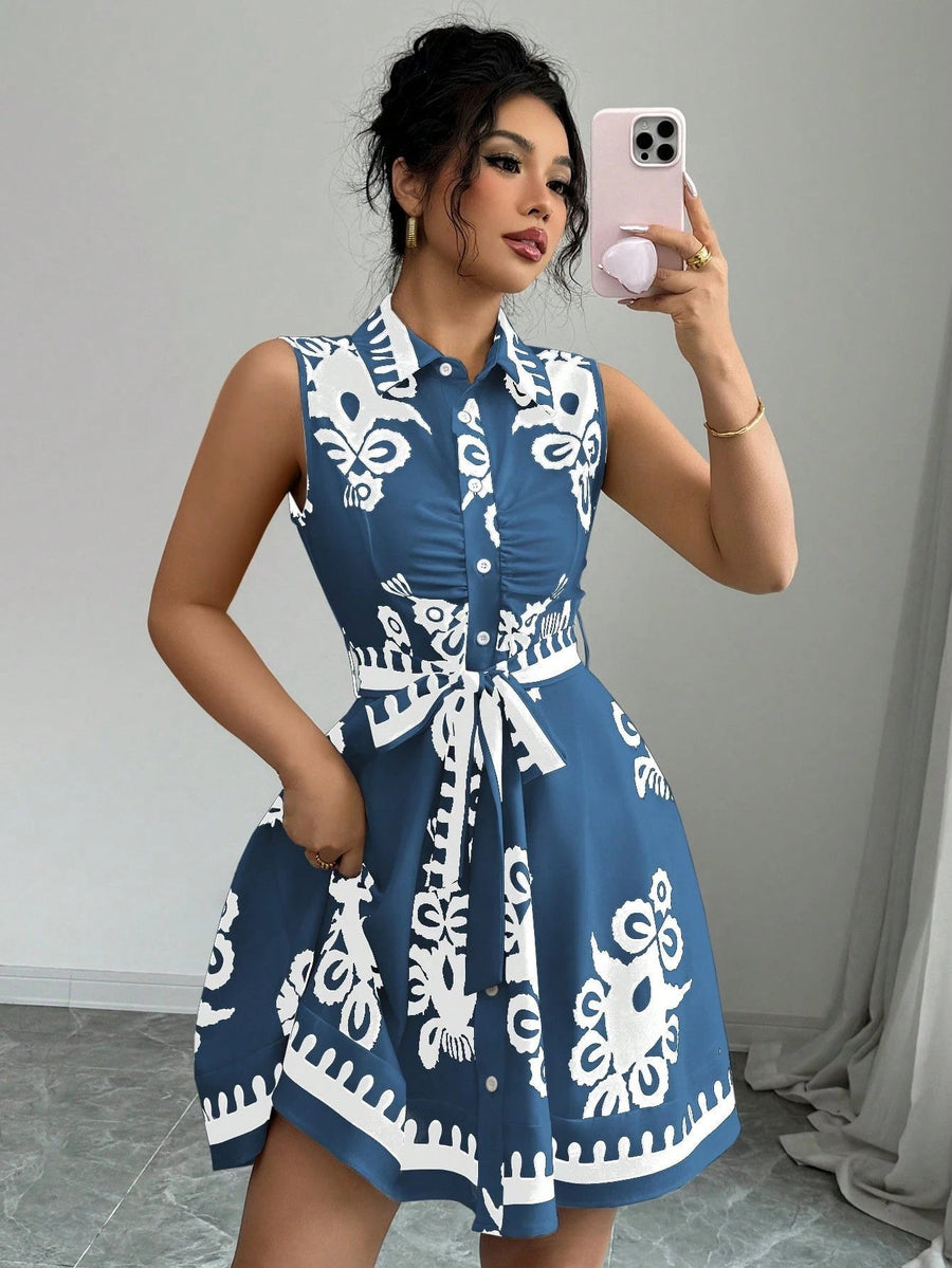 Paulette | Women's Tie Belt Tailored Belted Shirt Dress in Blue