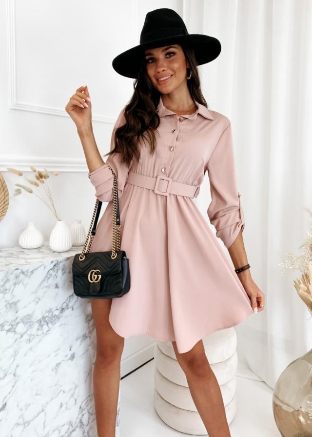 Pauline | Women's Asymmetric Tailored Belted Shirt Dress in Pink
