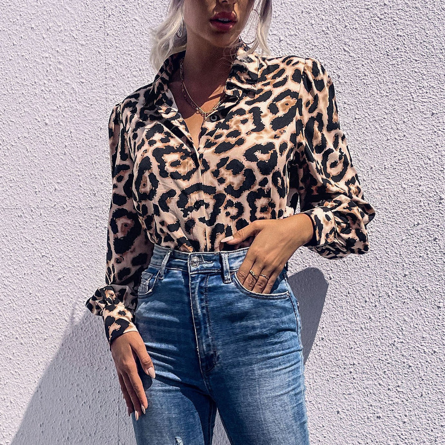 Pelagia | Women's Leopard Print Elegant Blouse in Khaki