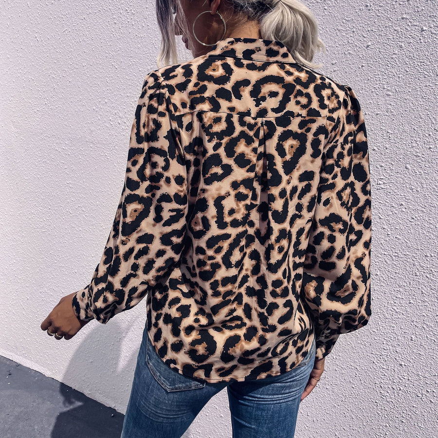 Pelagia | Women's Leopard Print Elegant Blouse in Khaki