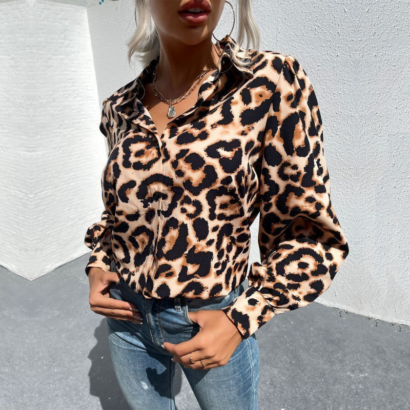 Pelagia | Women's Leopard Print Elegant Blouse in Khaki