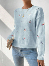 Perpetua | Women's Cozy Floral Knit Sweater in Sky Blue