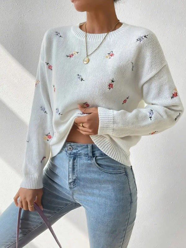 Perpetua | Women's Cozy Floral Knit Sweater in White