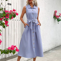 Perpetue | Women's Waist Belt Belted Maxi Dress in Blue