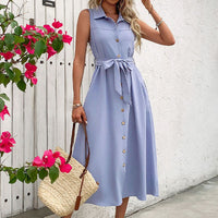 Perpetue | Women's Waist Belt Belted Maxi Dress in Blue